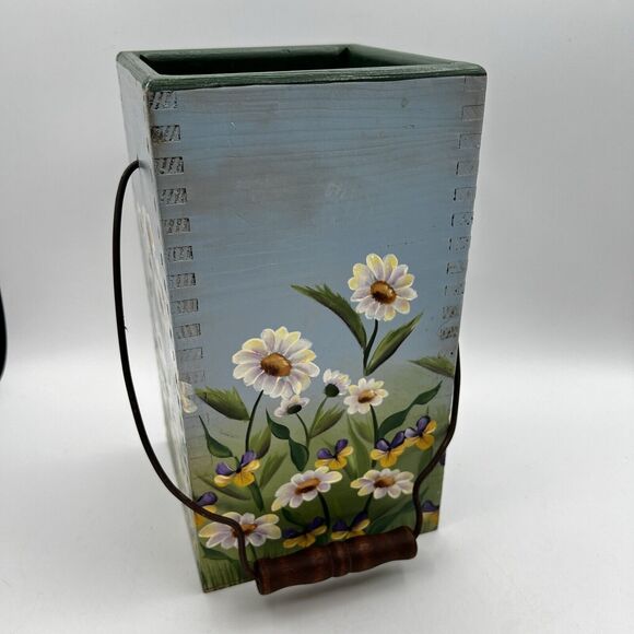 Vtg 90s Wood Flower Bucket Planter Daisy Pansies 11" Hand Painted Blue Green - Picture 2 of 7